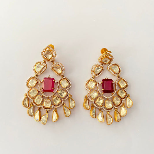 Gold Plated Diamond Polki Ruby With Back Clip Chand Bali