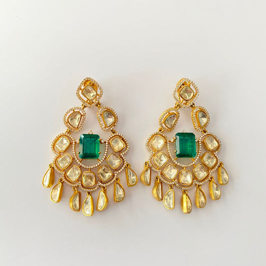 Gold Plated Polki Emerald Diamond With Back Clip Chand Bali
