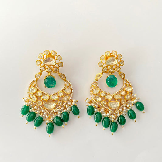 Polki Gold Plated Emerald Chand Bali With Back Clip
