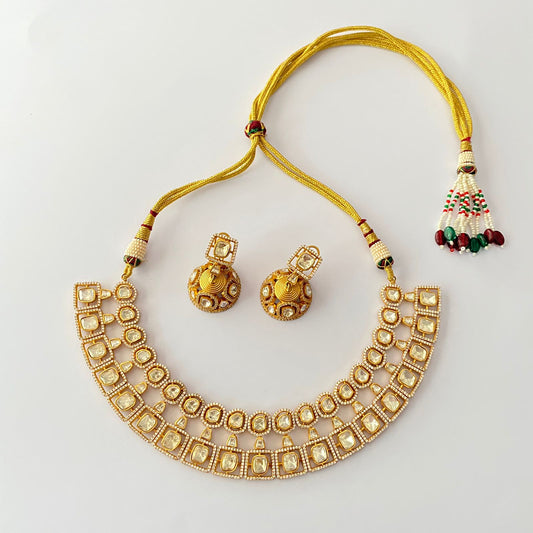 Diamond Polki Gold Plated With Back Clip  Jhumka  Necklace Set