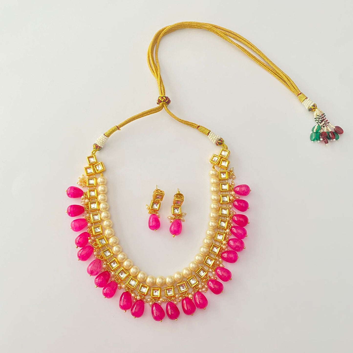 Square Gold Plated Kundan Pearl Drop Pink Stone Necklace Set