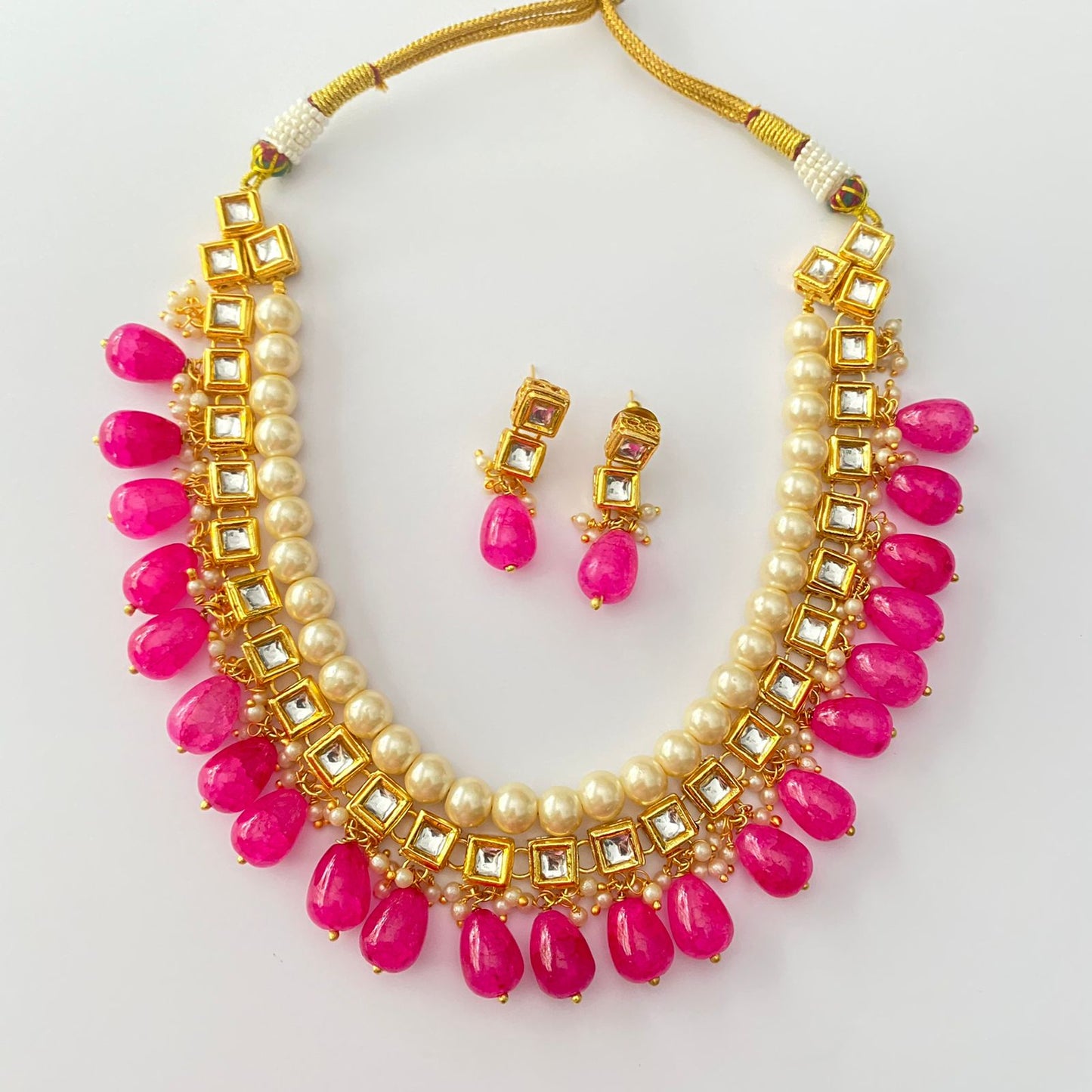 Square Gold Plated Kundan Pearl Drop Pink Stone Necklace Set