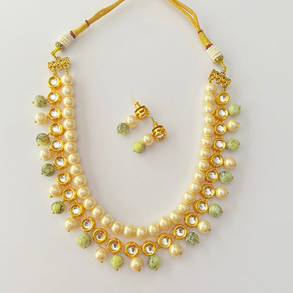 Oval Kundan Pearl Multi Emerald Necklace Set