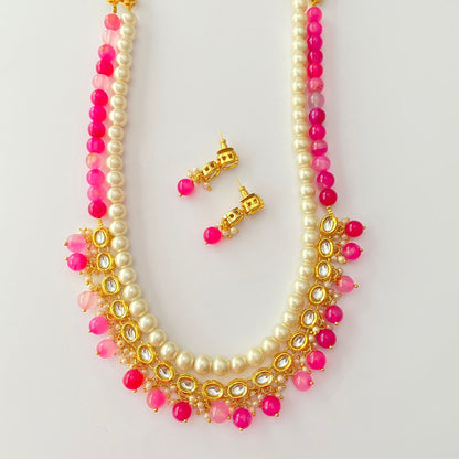 Ruby Pearl Round Kundan Long Necklace Set