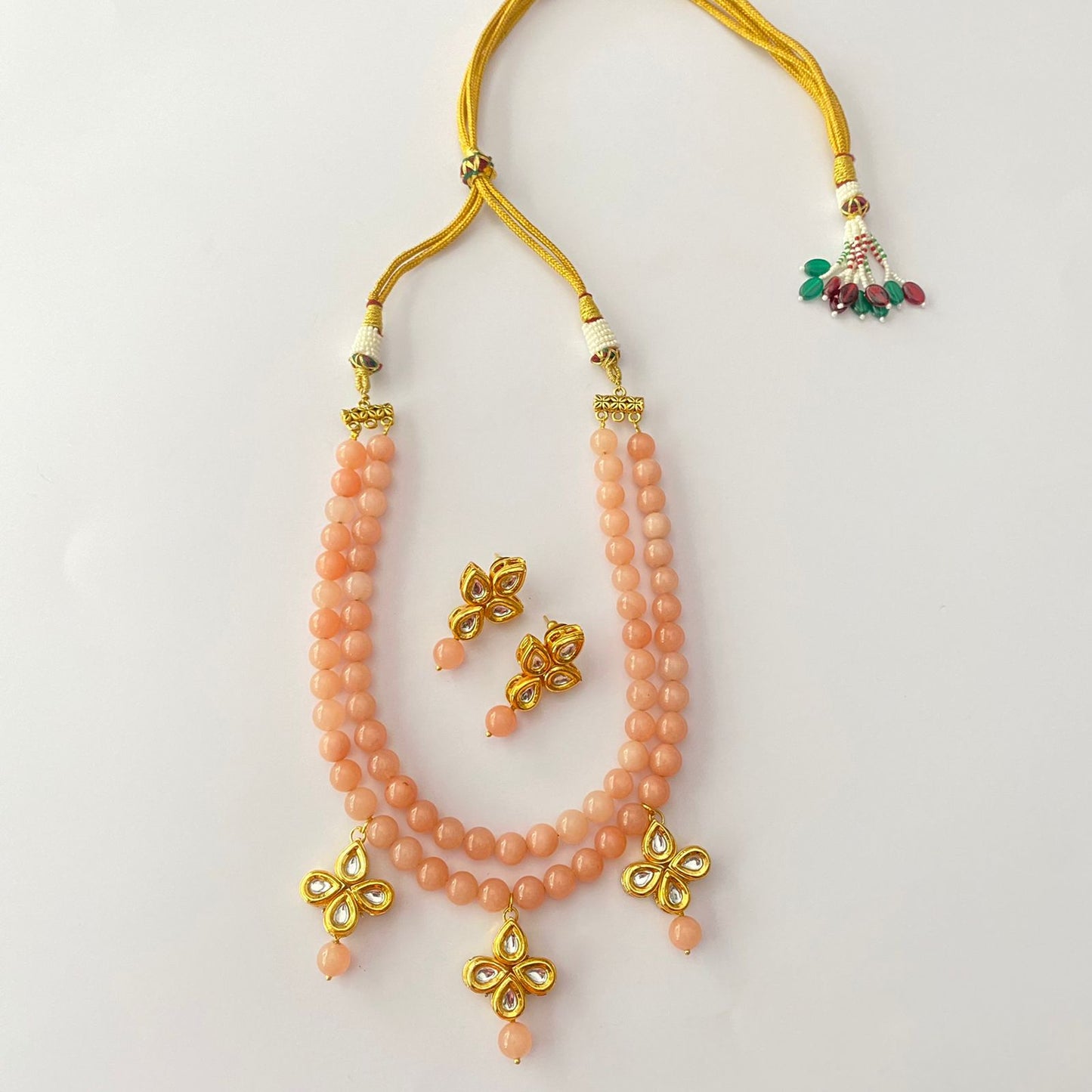 Peach Stone Gold Plated Kundan Necklace Set