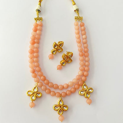 Peach Stone Gold Plated Kundan Necklace Set