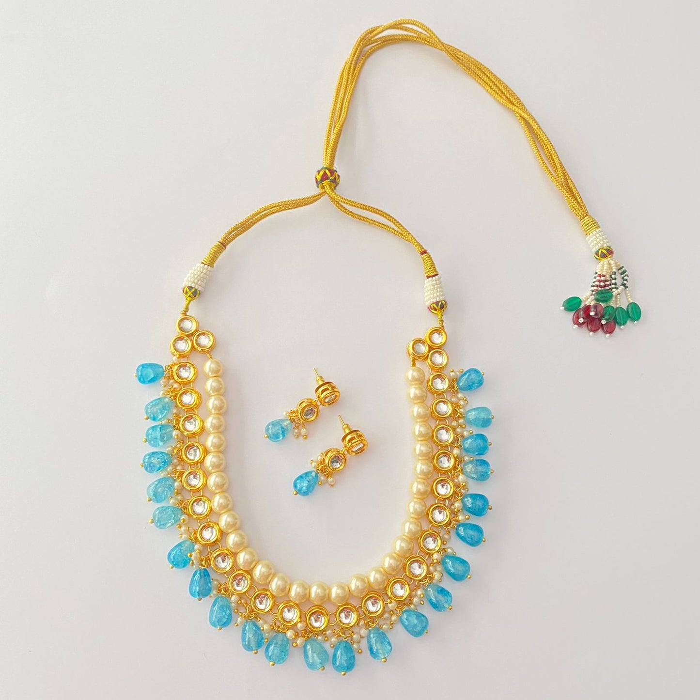 Kundan Pearl Aquamarine Drop Stone Necklace Set