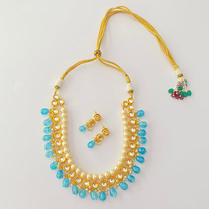 Kundan Pearl Aquamarine Drop Stone Necklace Set