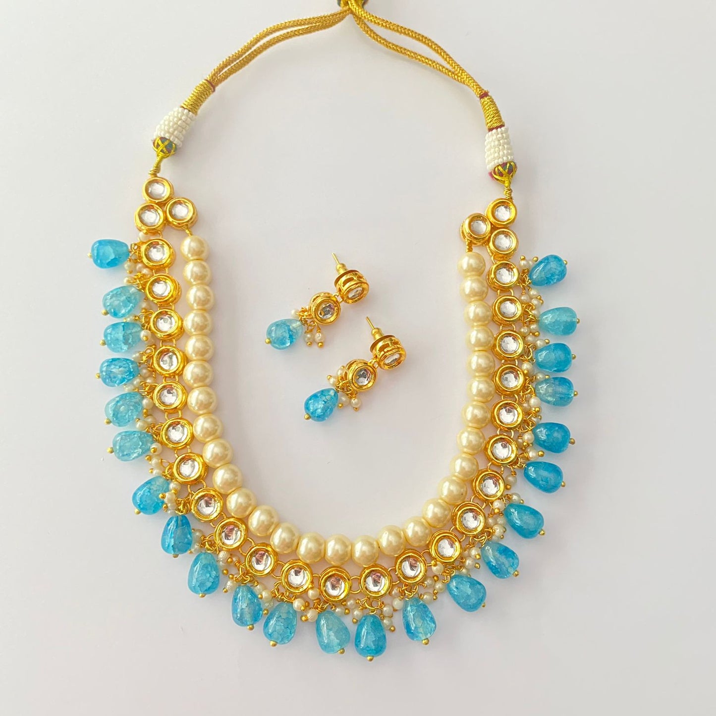 Kundan Pearl Aquamarine Drop Stone Necklace Set