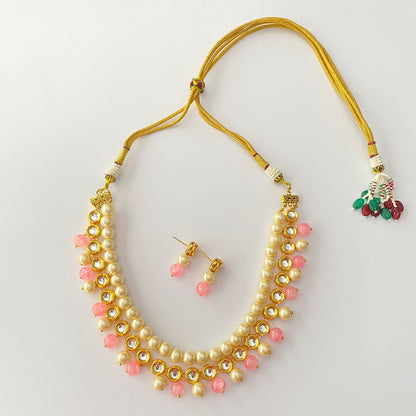 Kundan Pearl Baby Pink Stone Necklace Set