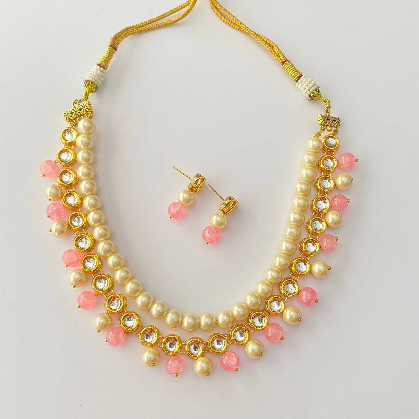 Kundan Pearl Baby Pink Stone Necklace Set