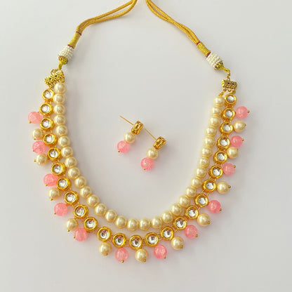 Kundan Pearl Baby Pink Stone Necklace Set