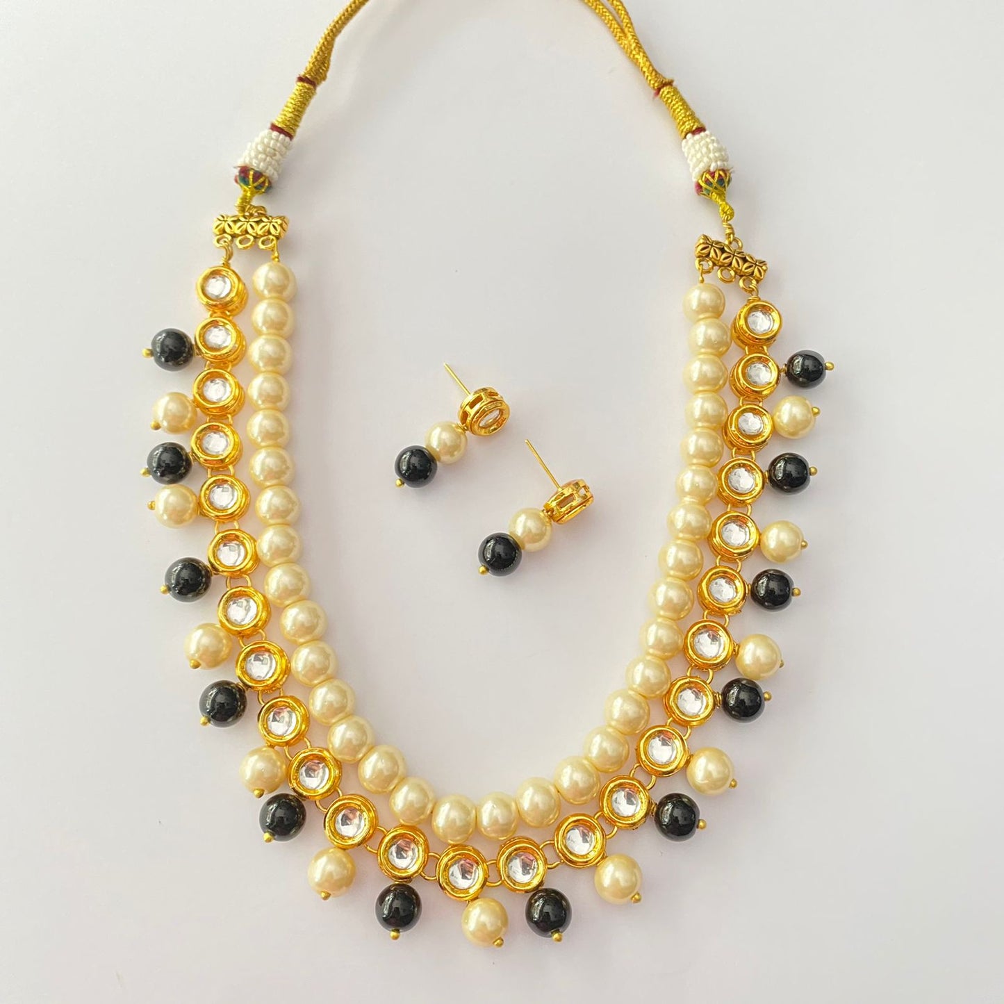 Pearl Kundan Black Stone Necklace Set