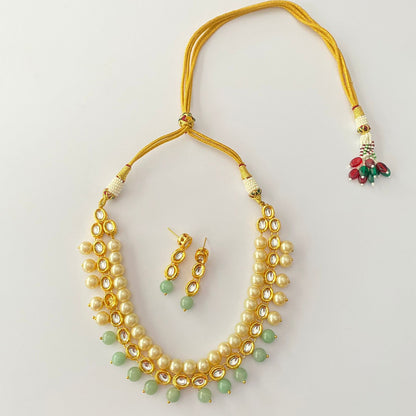 Pearl Gold Plated Kundan Mint Green Stone Necklace Set