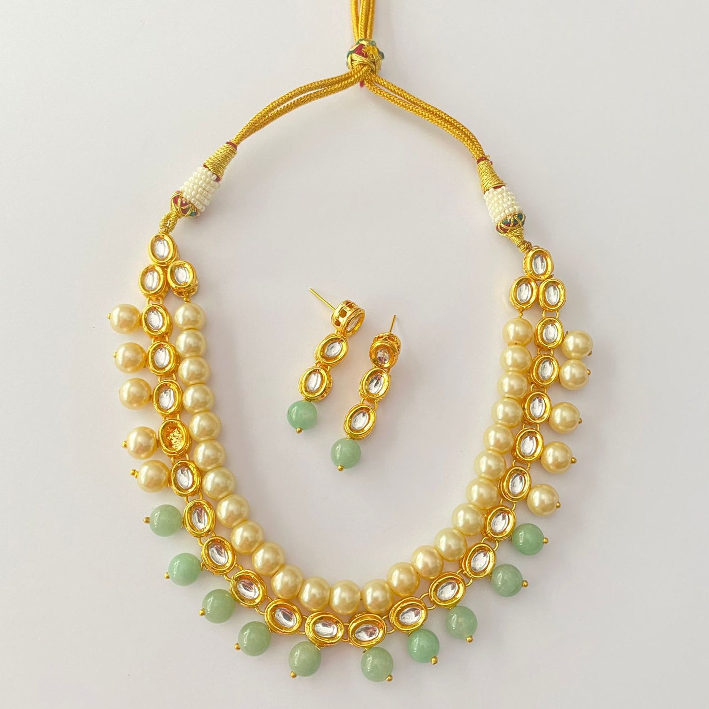 Pearl Gold Plated Kundan Mint Green Stone Necklace Set