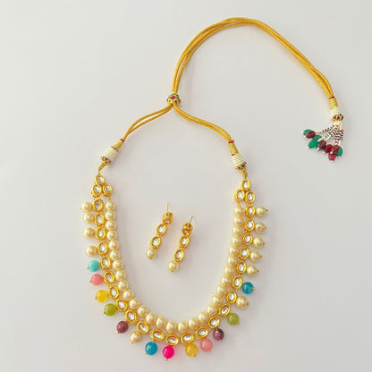 Gold Plated Kundan Pearl Multi Drop Stone Necklace Set