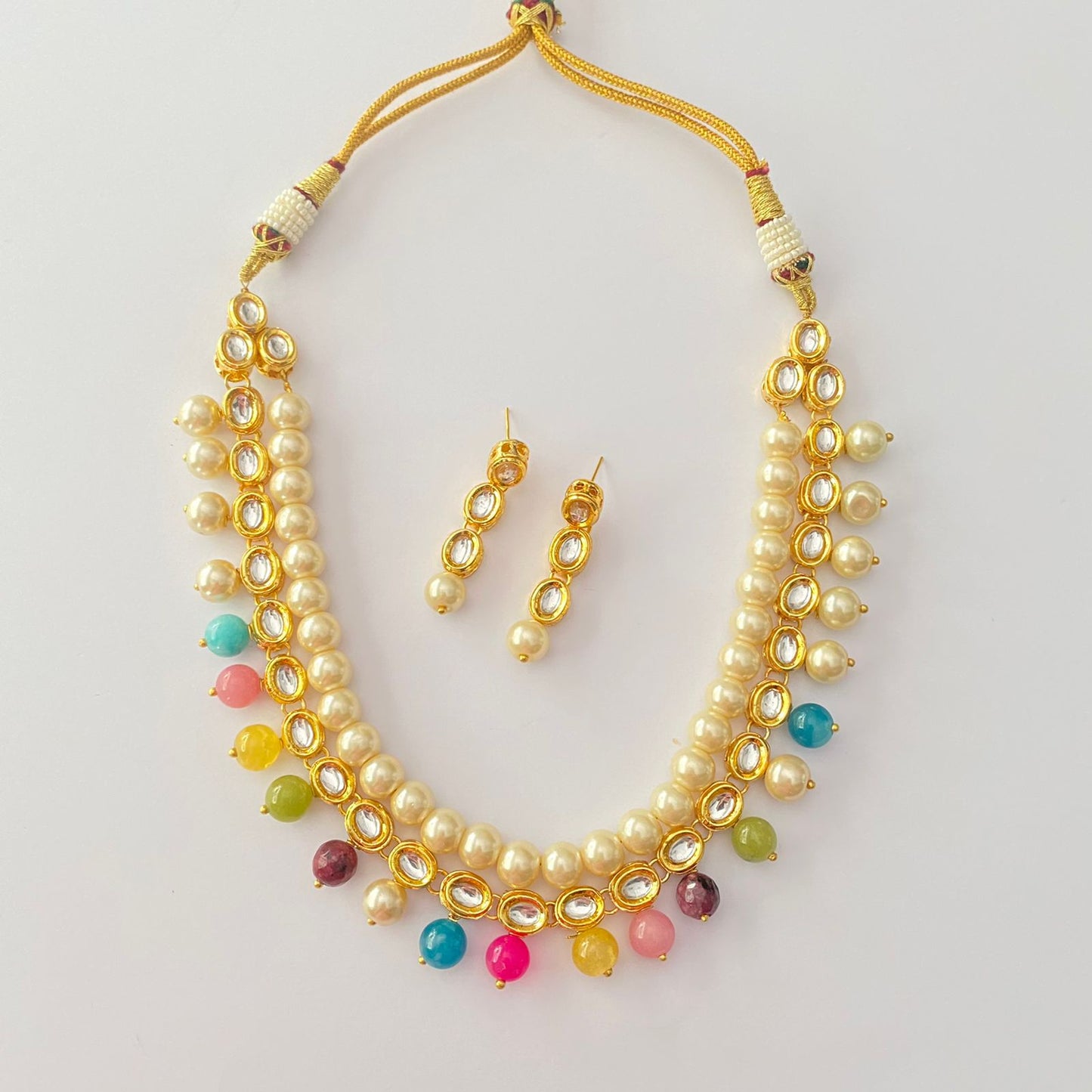 Gold Plated Kundan Pearl Multi Drop Stone Necklace Set