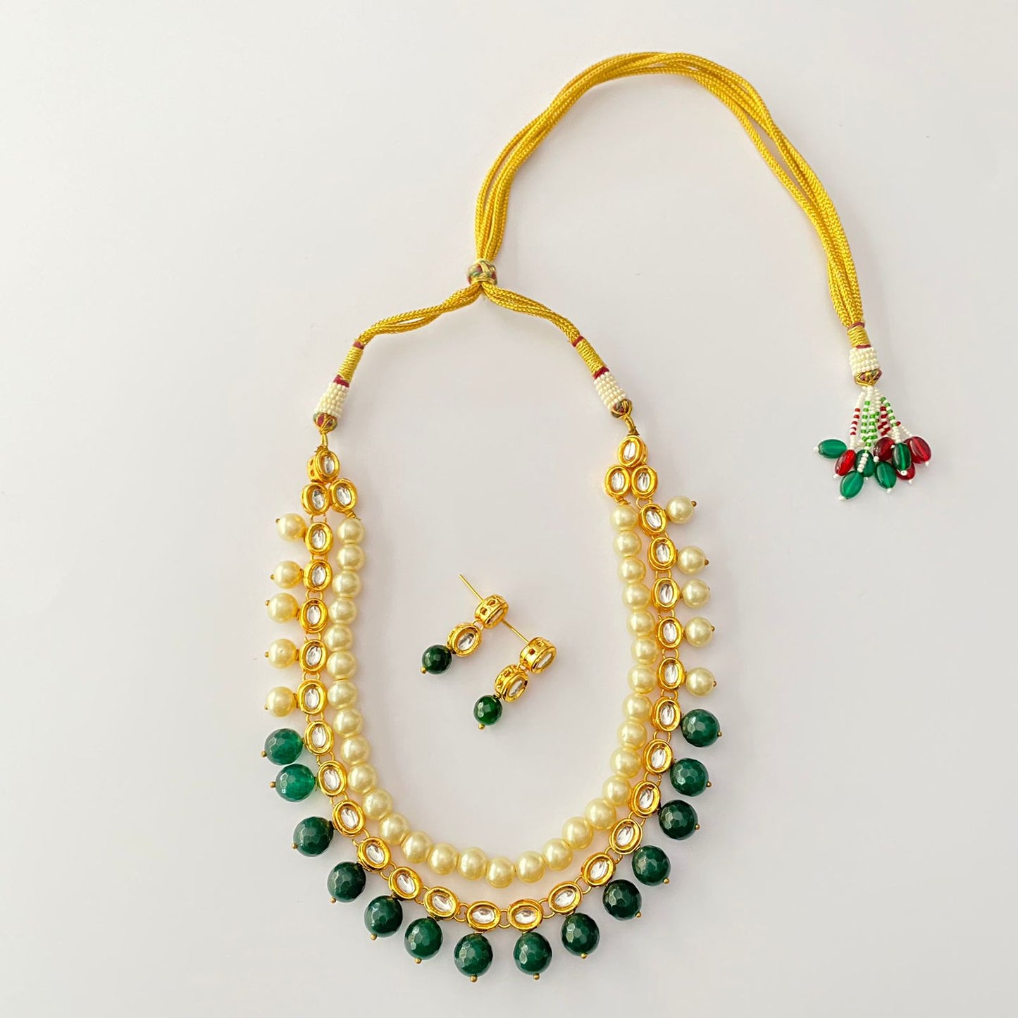 Kundan Pearl Emerald Stone Necklace Set