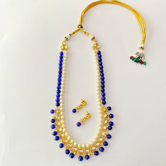 Gold Plated Kundan Pearl Blue Necklace Set