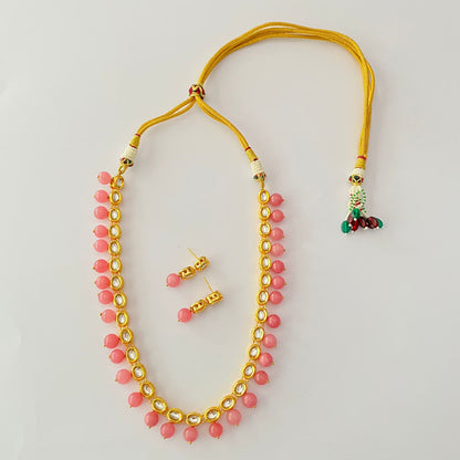 Gold Plated Kundan Baby Pink Stone Necklace Set