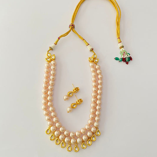 Light Pink Pearl Drop Kundan Necklace Set