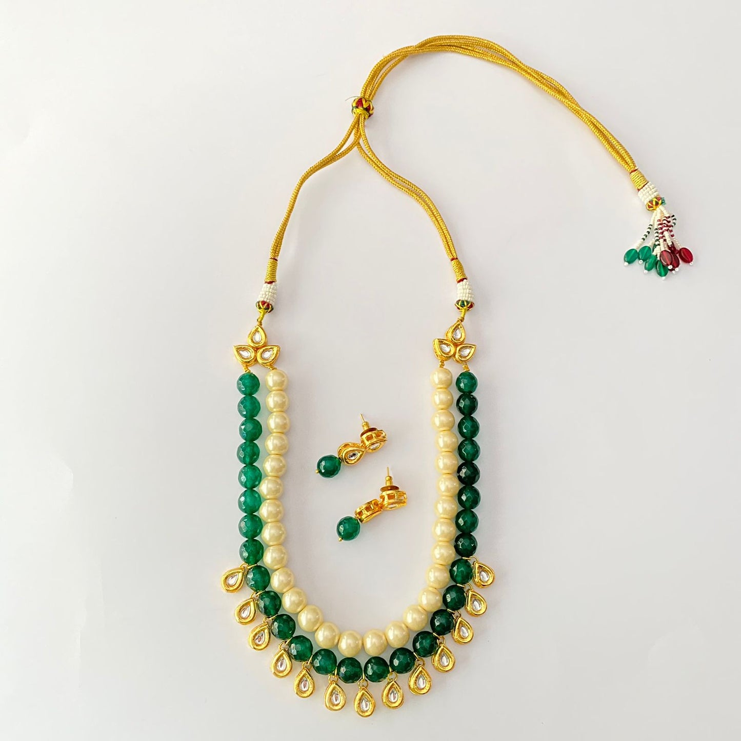 Pearl Drop Kundan Emerald Stone Necklace Set