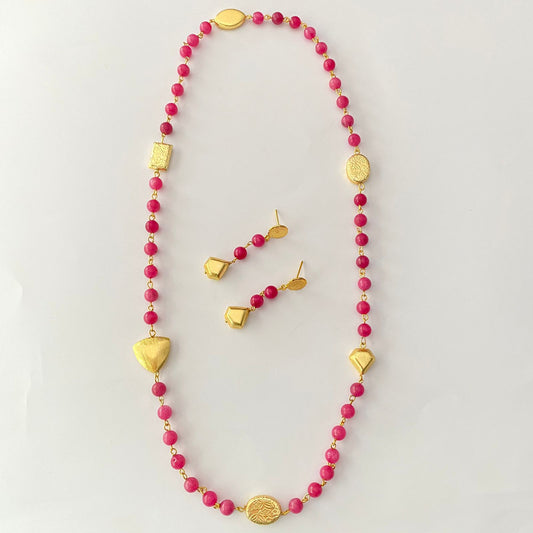 Pink Stone Long Necklace Set