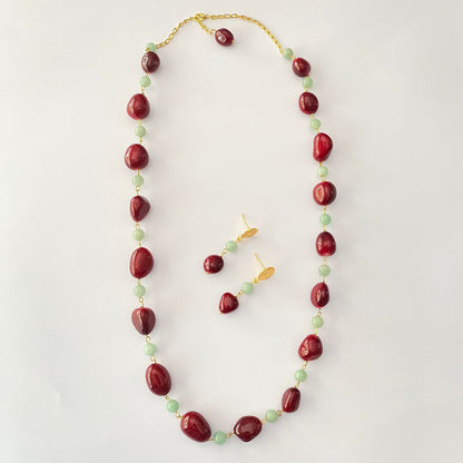 Ruby & Aquamarine Long Tumble  Necklace Set.