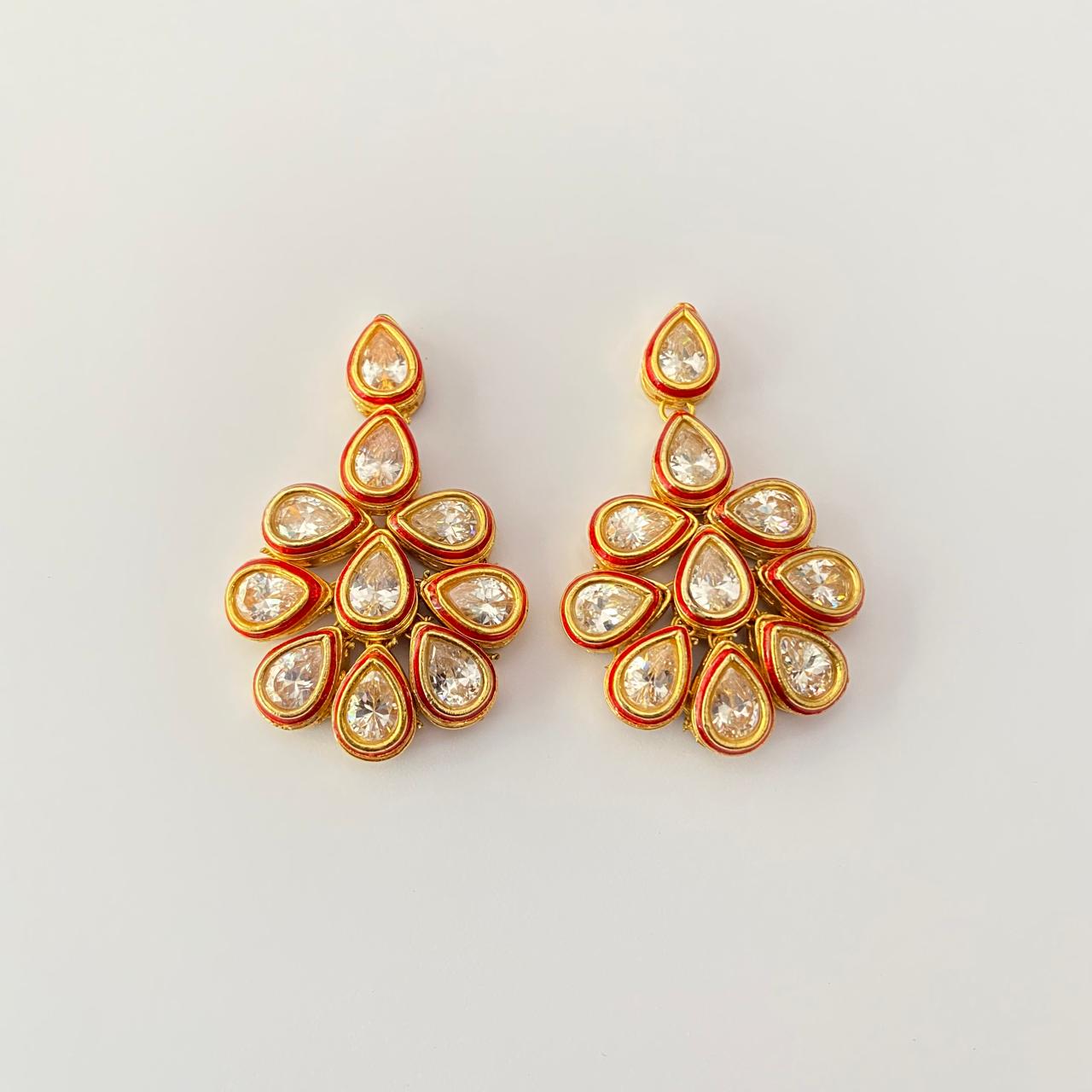 Gold Plated Red Floral Kundan Pachi Earring