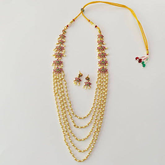 White Pearl Ruby Long Necklace Set