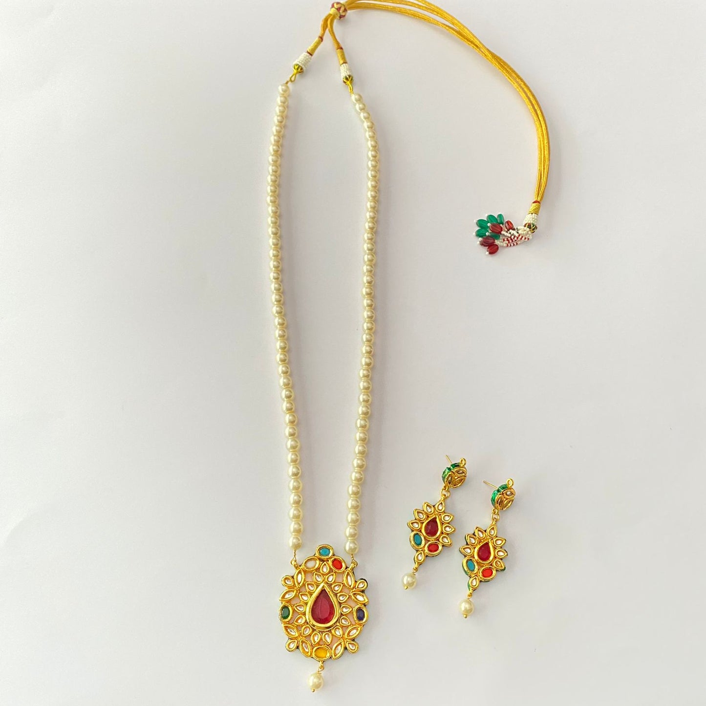 Pearl Kundan Navratan Pendant Set