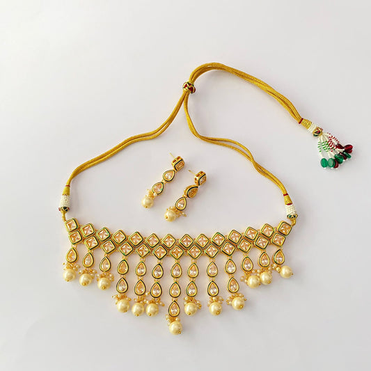 Emerald Kundan Drop Off White Pearl Necklace Set