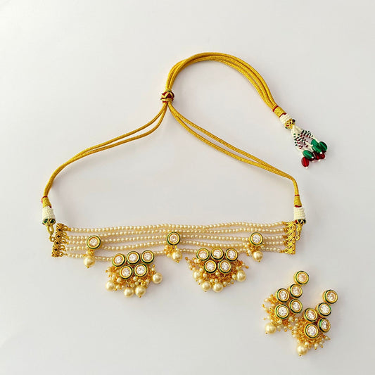 White Beads Gold Plated Kundan Drop Pearl Choker Set