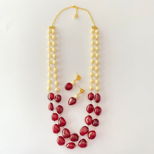 White Pearl Ruby Tumble Necklace Set