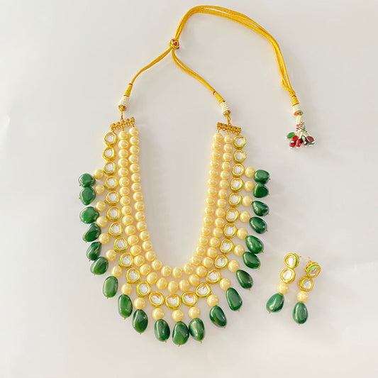 Double Line Pearl Kundan Drop Emerald Tumble Necklace