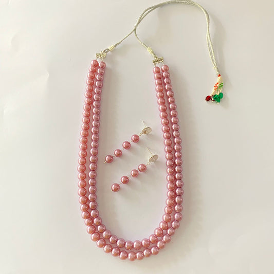 Baby Pink Double Line Pearl Necklace Set