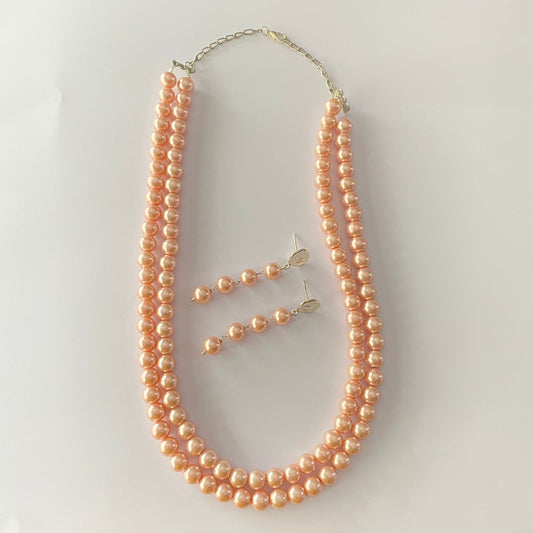 Peach Color Double Line Pearl Necklace Set