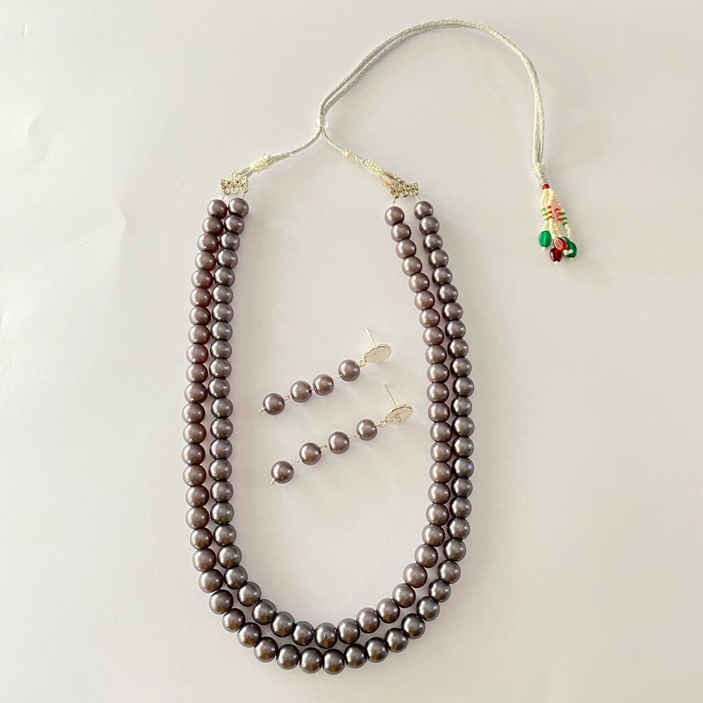 Black Grey Double Line Pearl Necklace Set