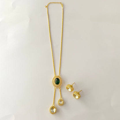 Gold Plated Emerald Diamond Polki Sleek Necklace Set