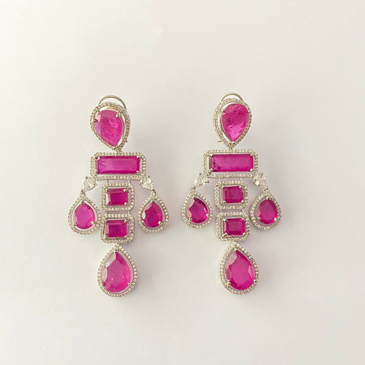 Silver Plated Magenta Color With Back Clip Earring