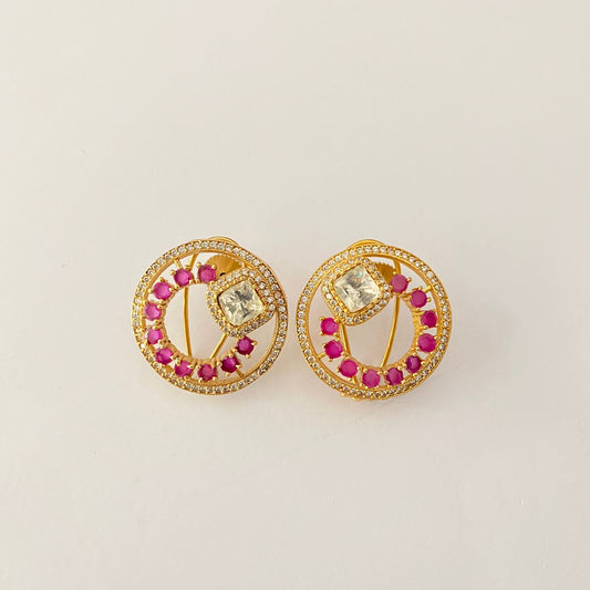 Gold Plated Ruby Polki Stud With Back Clip