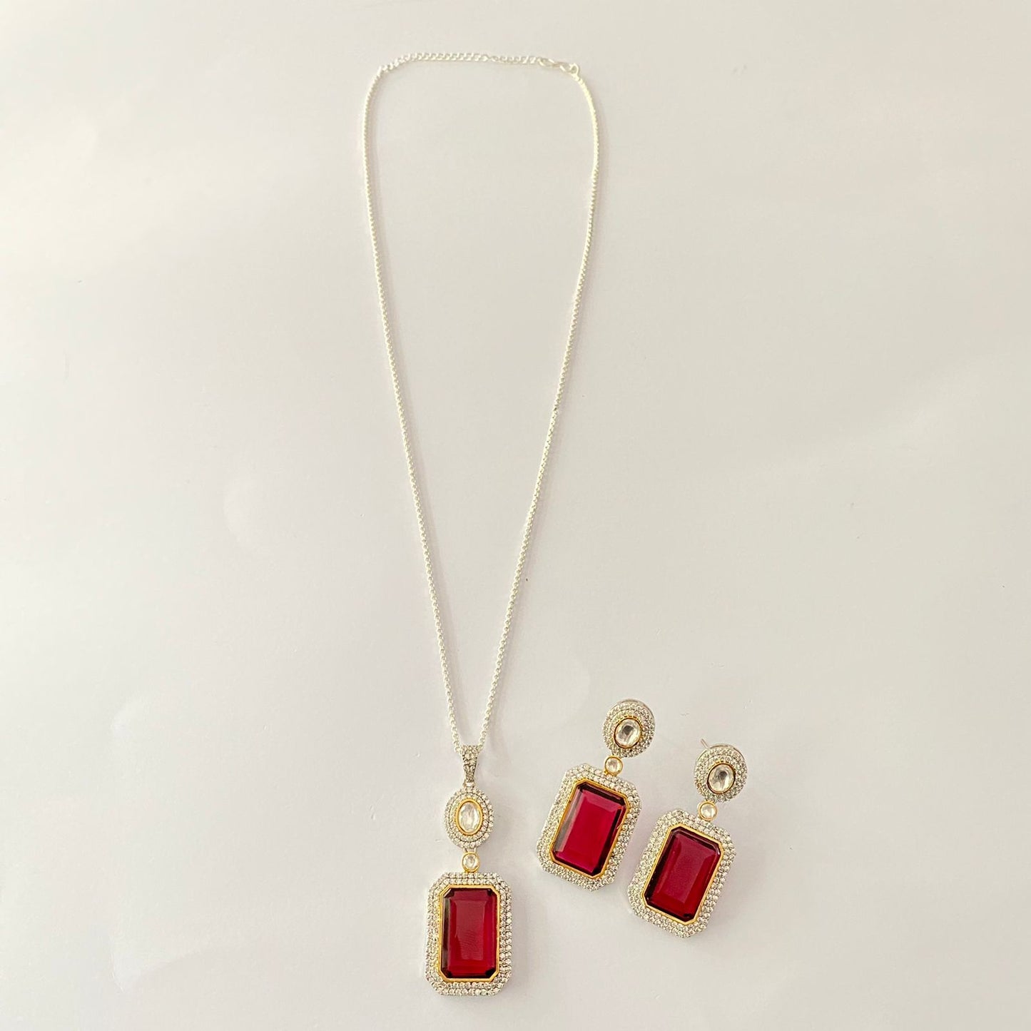 Silver Plated Ruby Pendant Set