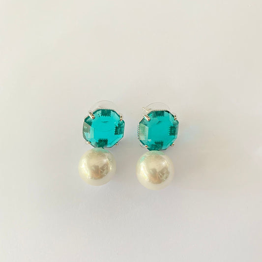 Aquamarine Stone Drop Pearl Earring