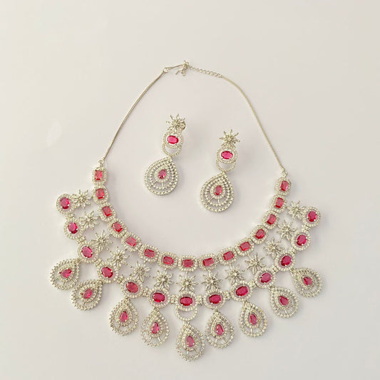 Silver Plated Ruby Diamond Necklace Set