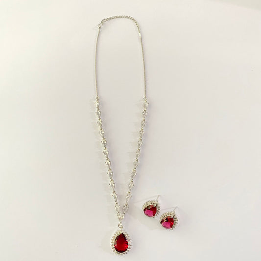 Silver Plated Diamond Ruby Necklace Set