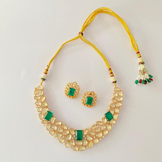 Gold Plated Pachi Kundan Polki Emerald Necklace Set