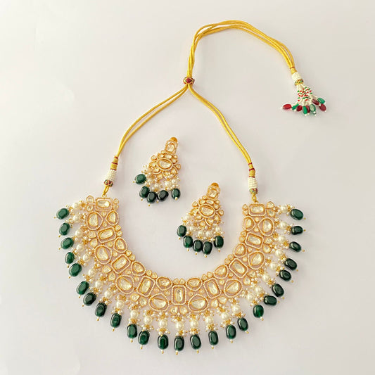 Emerald Drop Polki Diamond Moissanite Necklace Set