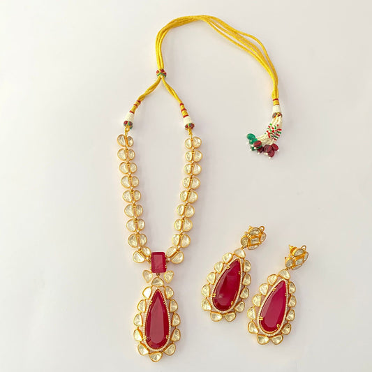 Gold Plated Polki Ruby Moissanite Necklace Set