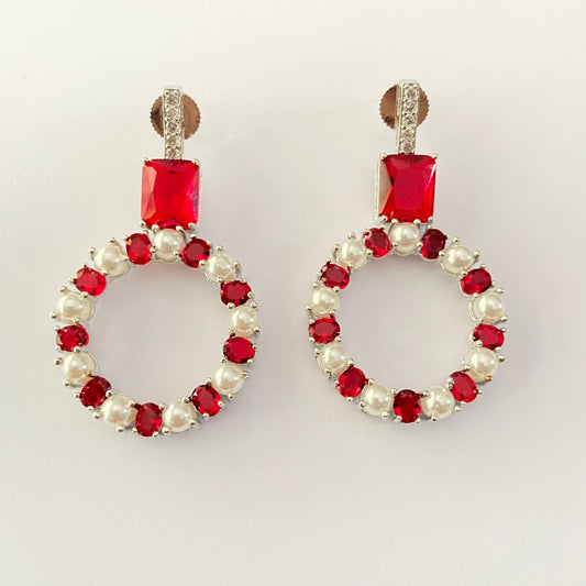 Red Stone with pearl silver plated western earing