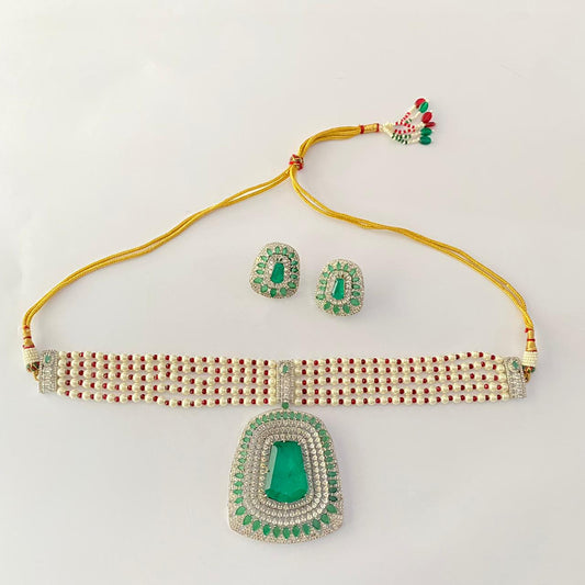 Emerald Diamond Ruby & White Beads Choker Necklace Set